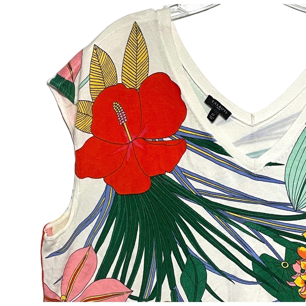 Talbots Plus Colorful Tropical Top Womens Size 2X V-Neck Tie Hem Casual Tee - Picture 3 of 11